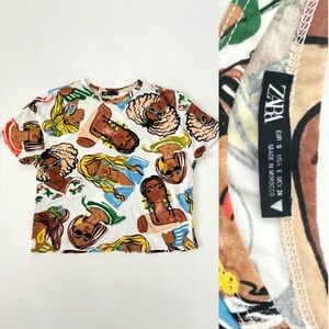 ZARA Women Faces Print Graphic Tee Colorful Art Illustration T-Shirt Size S